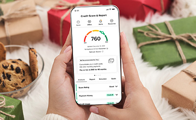 Credit Savvy credit score screen in holiday scene