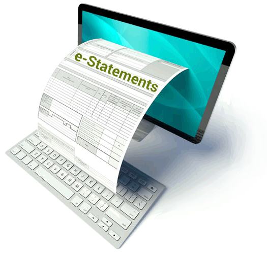 E-statements paper connecting a computer keyboard and computer monitor.